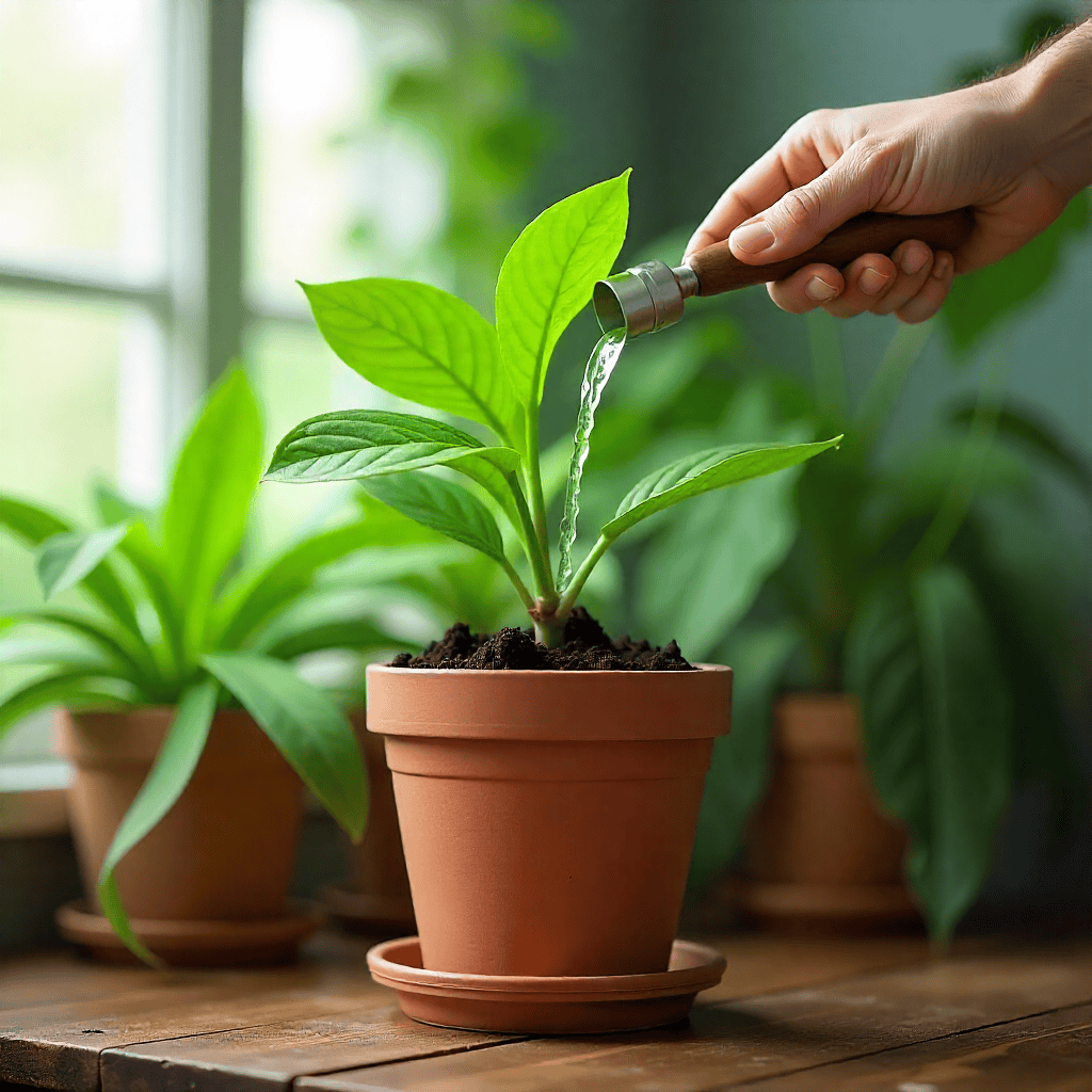 Asiantuntija kastelemassa huonekasveja kannulla